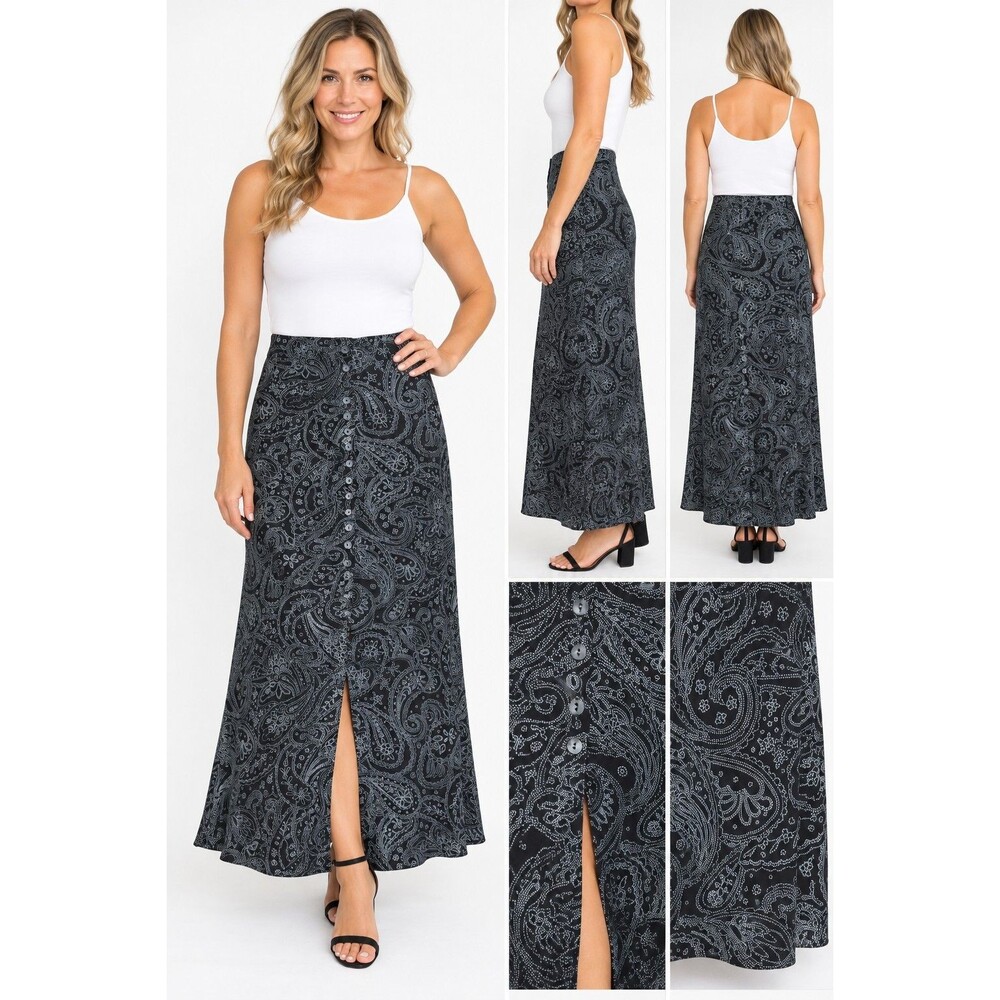 Briggs New York Petite Womens Large Maxi Skirt Black Paisley Stretch Front Slit